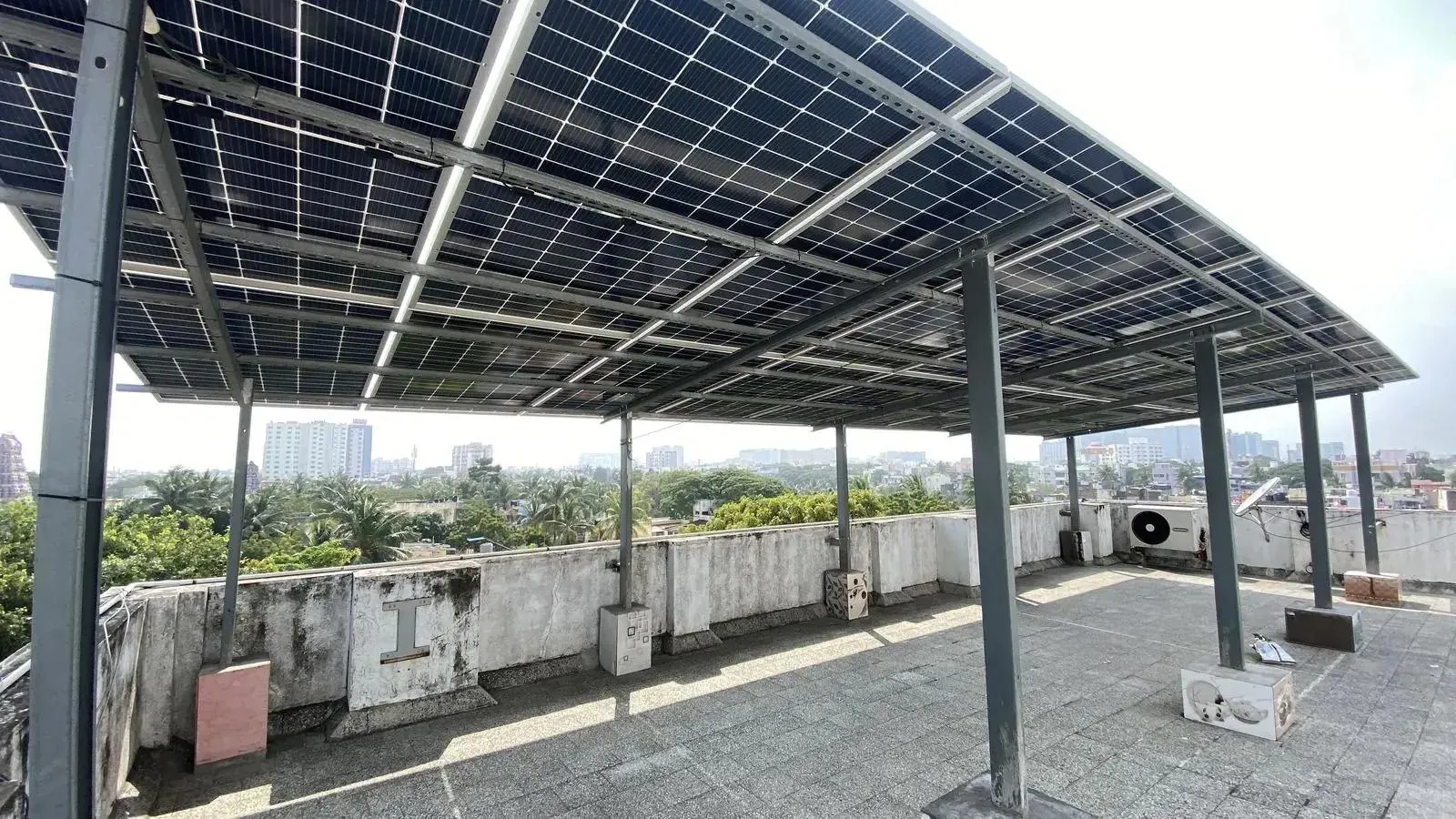 Solar canopy above a Chennai rooftop terrace