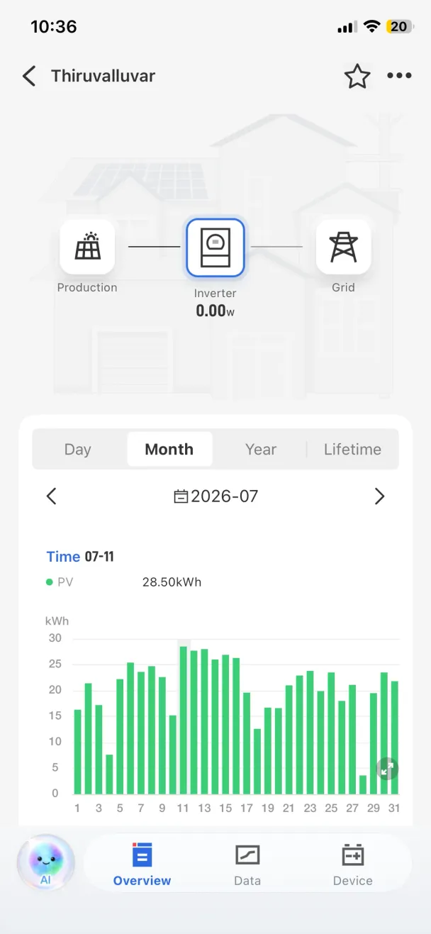 WES monitoring app chart showing a monthly power profile