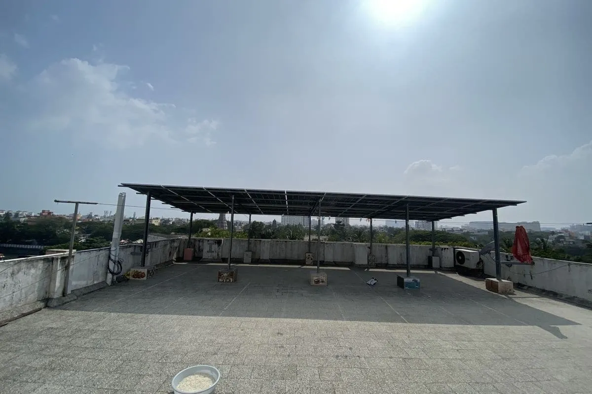 Solar canopy above a Chennai rooftop terrace
